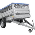 Einachsanhänger 230×125 UNITRAILER FORCE 230 KIPP mit Gitterseitenwänden, H-0-Rahmen und blauer Plane – Flache blaue plane