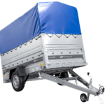 Einachsiger Anhänger auf Blattfedern 230×125 UNITRAILER FORCE 230/R KIPP mit BIS-Seitenwänden, H-800-Rahmen und blauer Plane