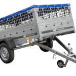 Pkw Transport Anhänger 230×125 Garden Trailer 230 KIPP mit Laubgitteraufsatz, blauer Flachplane und Stützrad